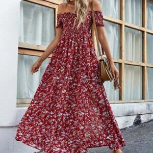 Floral High Split Off Shoulder Dress red